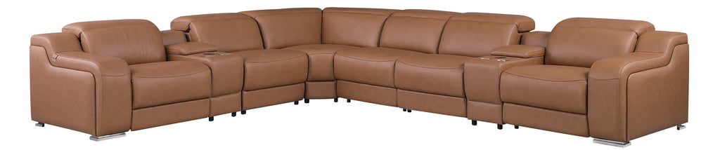Global United DivanItalia Cognac Italian Leather 8-Piece Power Reclining Sectional Sofa with Power Adjustable Headrests – 1116CG-8PC