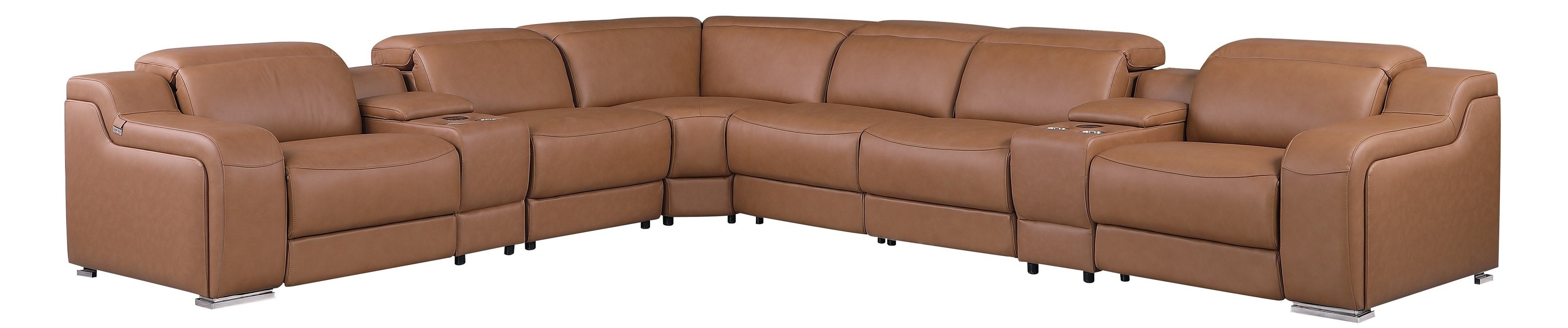 Global United DivanItalia Cognac Italian Leather 8-Piece Power Reclining Sectional Sofa with Power Adjustable Headrests – 1116CG-8PC