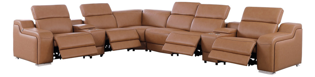 Global United DivanItalia Cognac Italian Leather 8-Piece Power Reclining Sectional Sofa with Power Adjustable Headrests – 1116CG-8PC