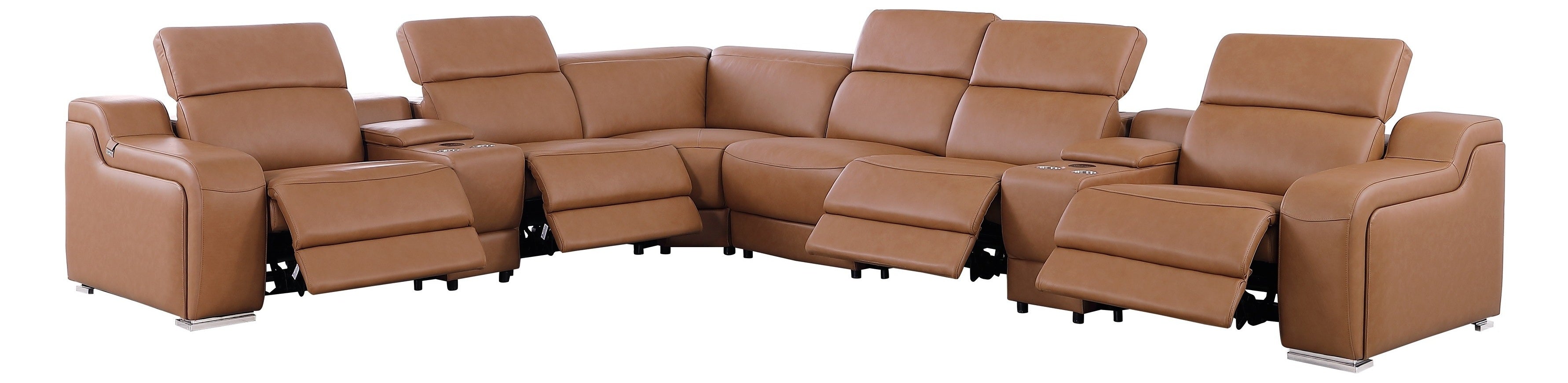 Global United DivanItalia Cognac Italian Leather 8-Piece Power Reclining Sectional Sofa with Power Adjustable Headrests – 1116CG-8PC