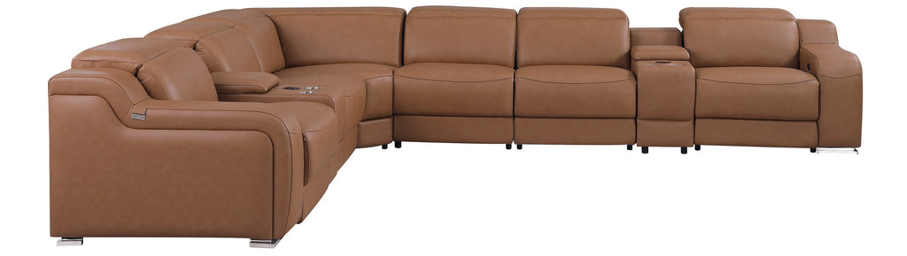 Global United DivanItalia Cognac Italian Leather 8-Piece Power Reclining Sectional Sofa with Power Adjustable Headrests – 1116CG-8PC