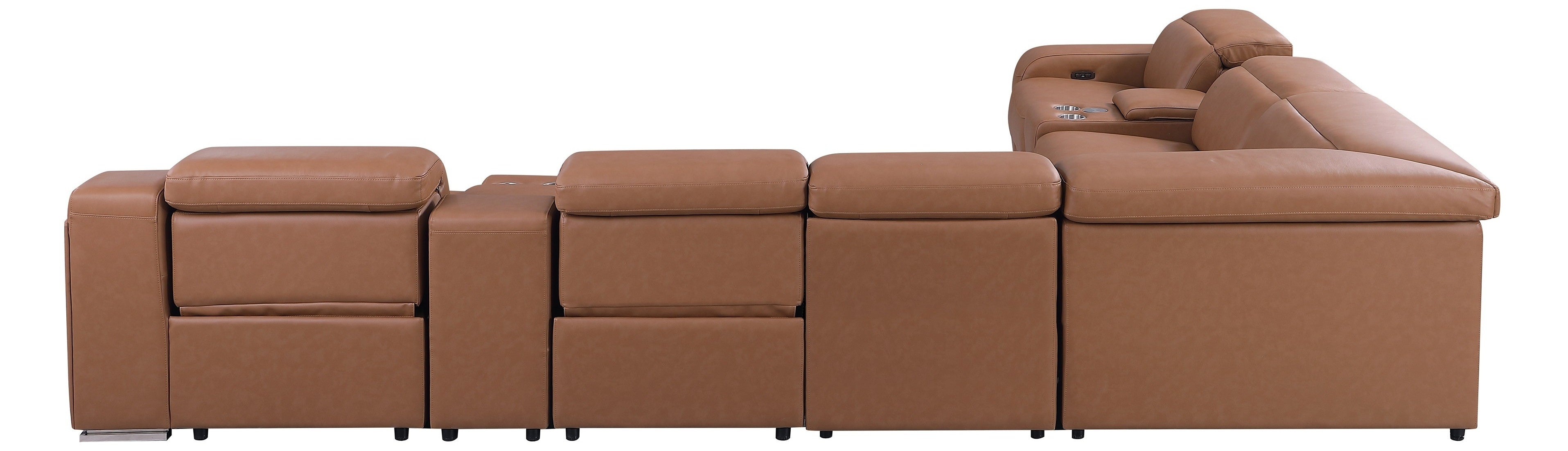 Global United DivanItalia Cognac Italian Leather 8-Piece Power Reclining Sectional Sofa with Power Adjustable Headrests – 1116CG-8PC