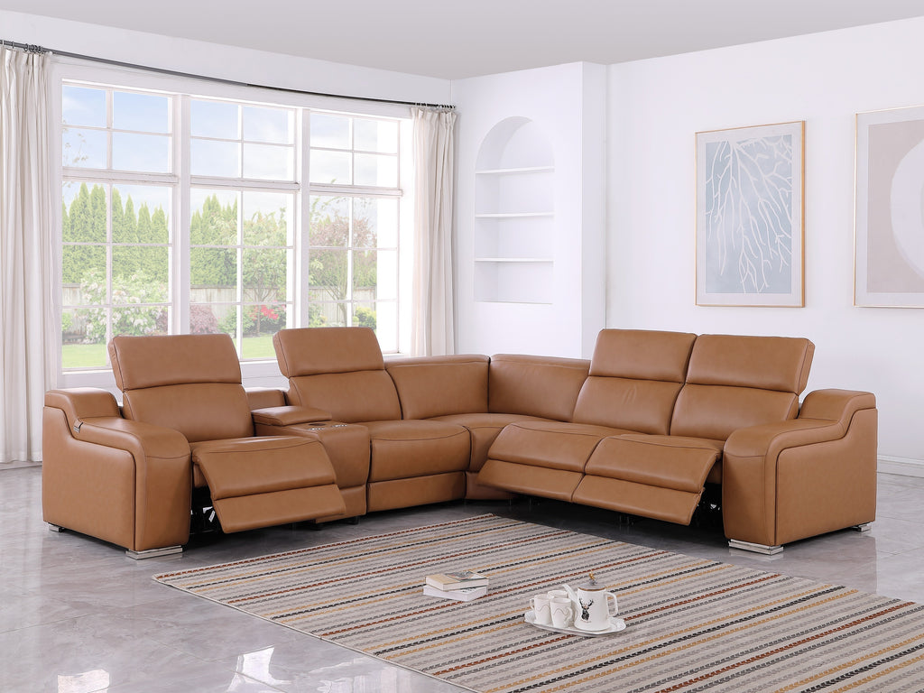 Global United 1116CG-6PC 6 pc DivanItalia cognac italian leather power reclining sectional sofa power adjustable headrests