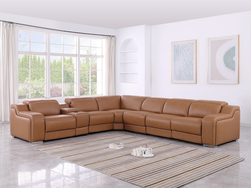 Global United 1116CG-7PC 7 pc DivanItalia cognac italian leather power reclining sectional sofa power adjustable headrests