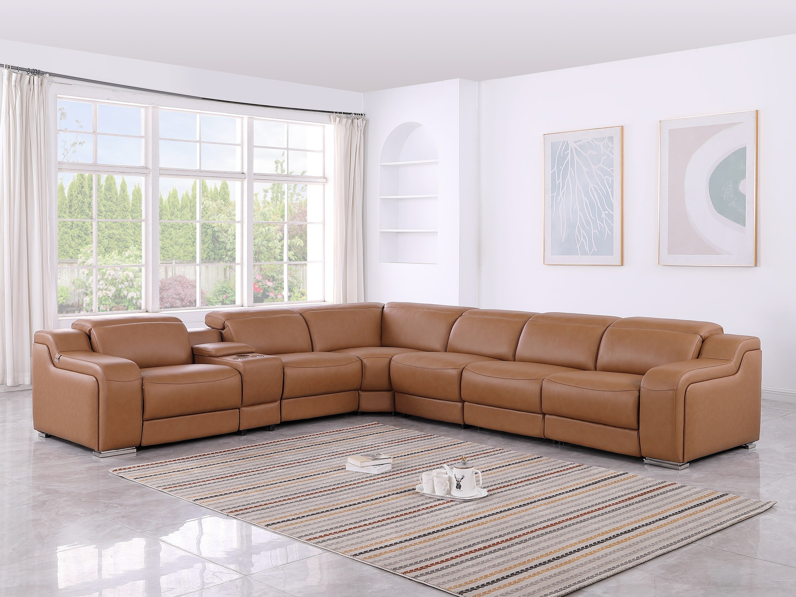Global United 1116CG-7PC 7 pc DivanItalia cognac italian leather power reclining sectional sofa power adjustable headrests