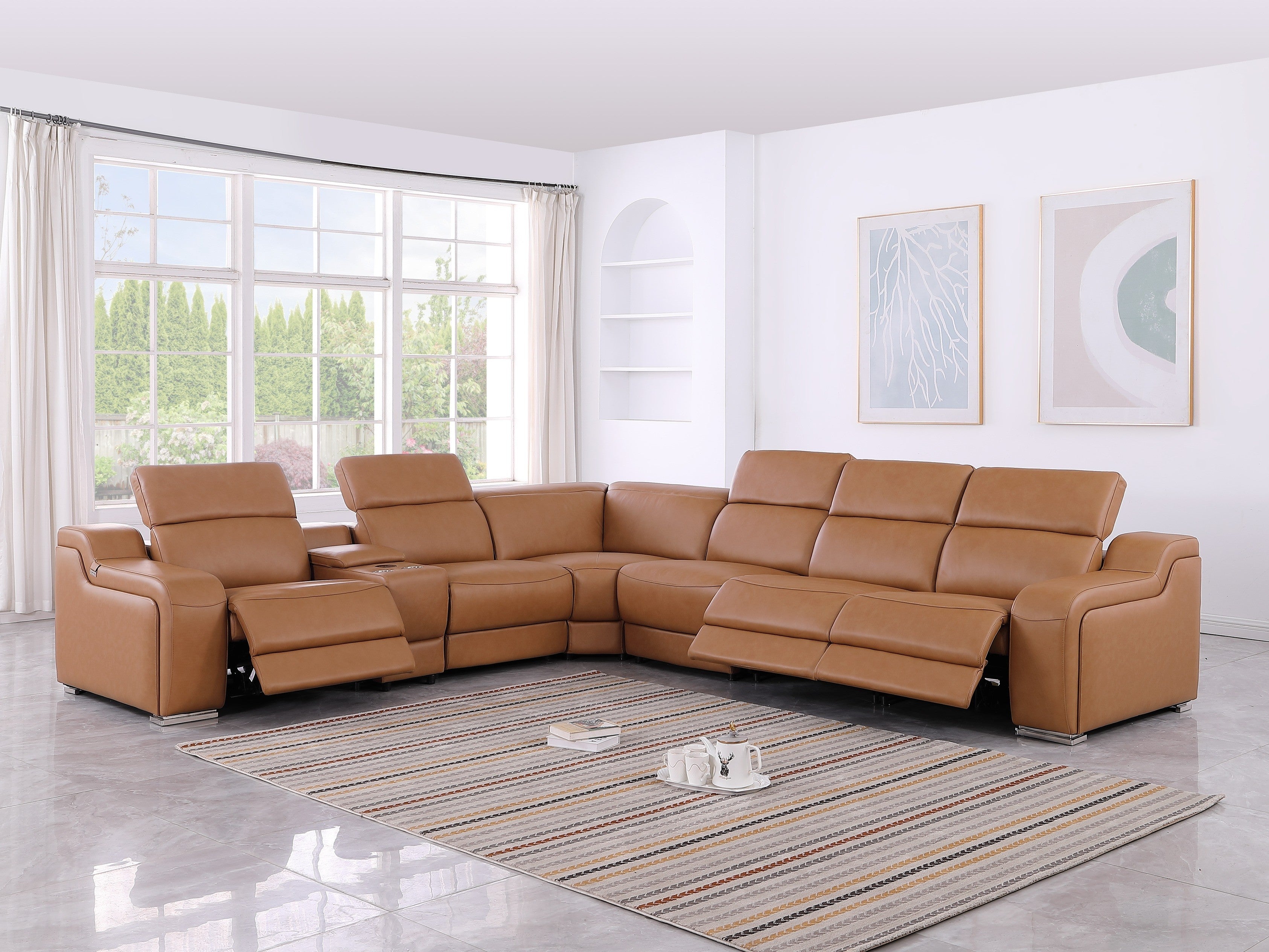 Global United 1116CG-7PC 7 pc DivanItalia cognac italian leather power reclining sectional sofa power adjustable headrests