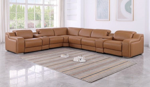 Global United DivanItalia Cognac Italian Leather 8-Piece Power Reclining Sectional Sofa with Power Adjustable Headrests – 1116CG-8PC