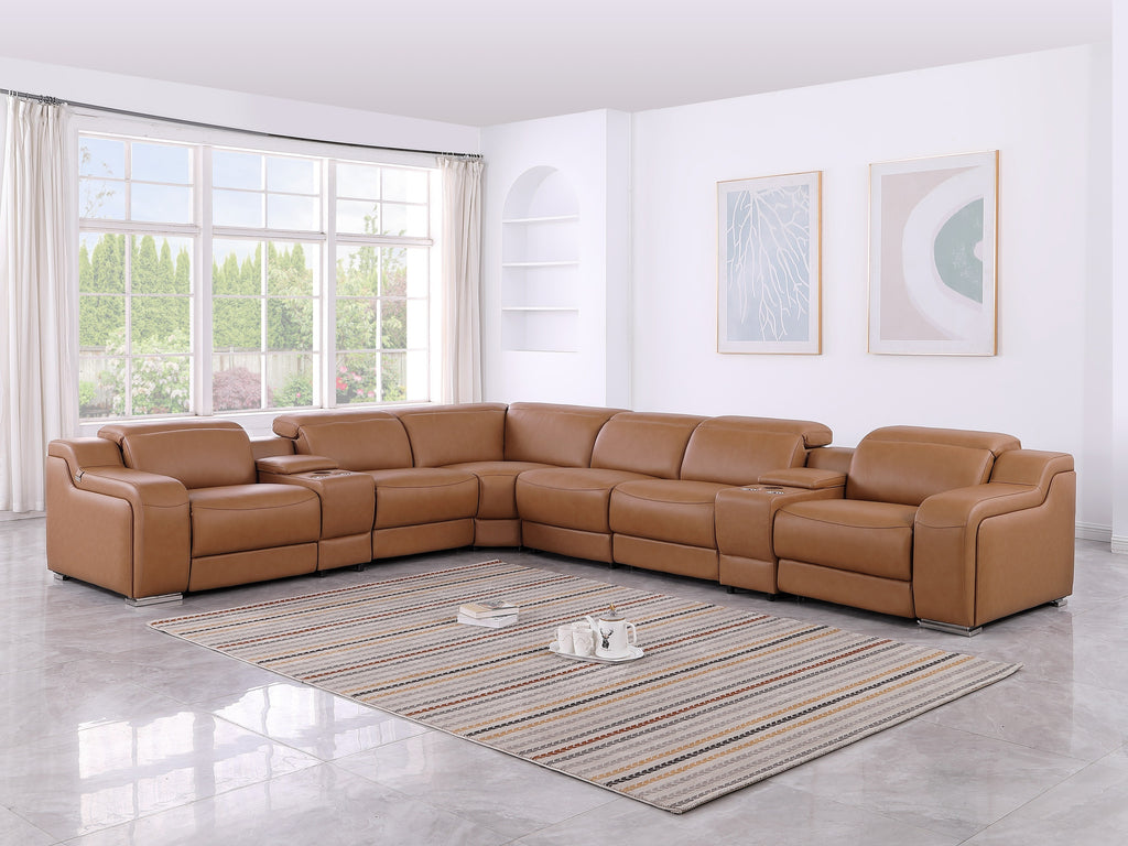 Global United DivanItalia Cognac Italian Leather 8-Piece Power Reclining Sectional Sofa with Power Adjustable Headrests – 1116CG-8PC