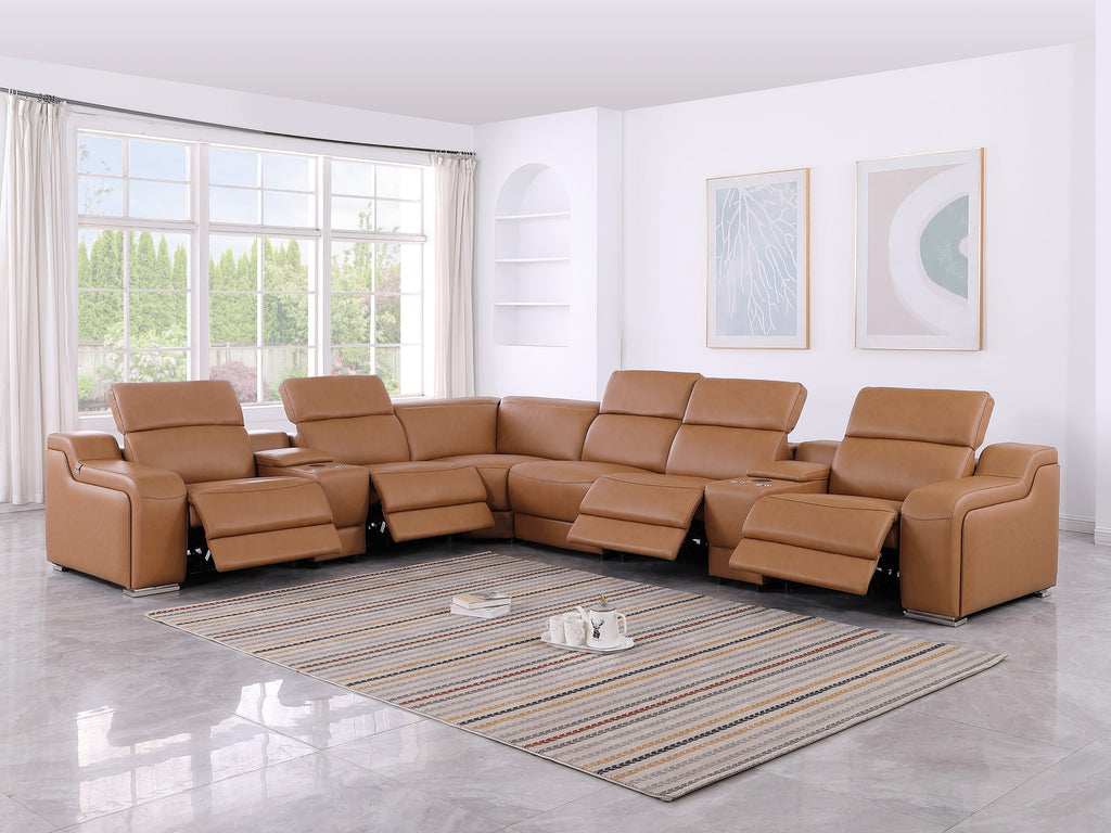 Global United DivanItalia Cognac Italian Leather 8-Piece Power Reclining Sectional Sofa with Power Adjustable Headrests – 1116CG-8PC