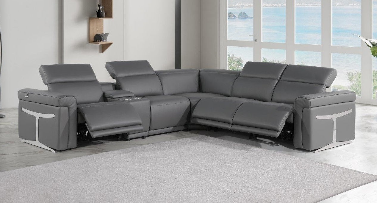 Global United 1126DK-GY-6PC 6 pc DivanItalia dark grey italian leather power reclining sectional sofa power adjustable headrests and console