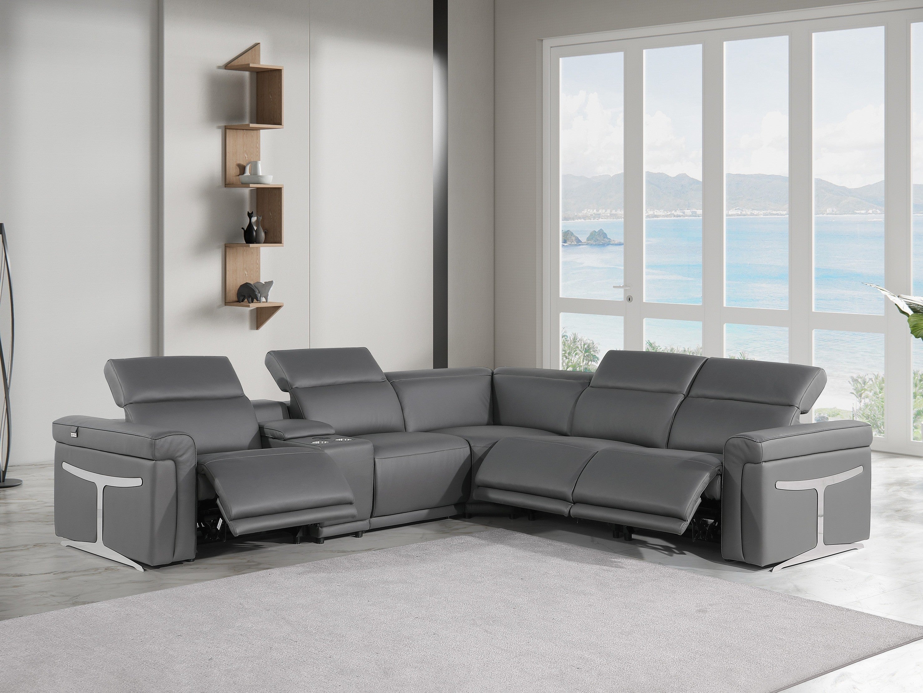Global United 1126DK-GY-6PC 6 pc DivanItalia dark grey italian leather power reclining sectional sofa power adjustable headrests and console
