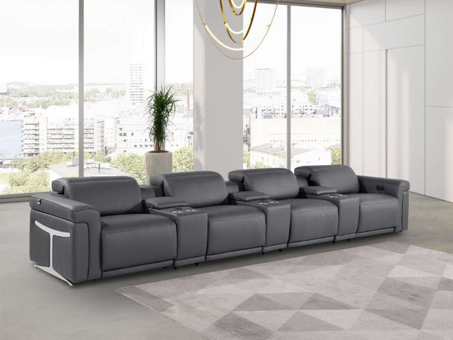 Global United DivanItalia Grey Italian Leather 7-Piece Power Reclining Theater Sofa with Power Adjustable Headrests – 1126GY-7PC-TH