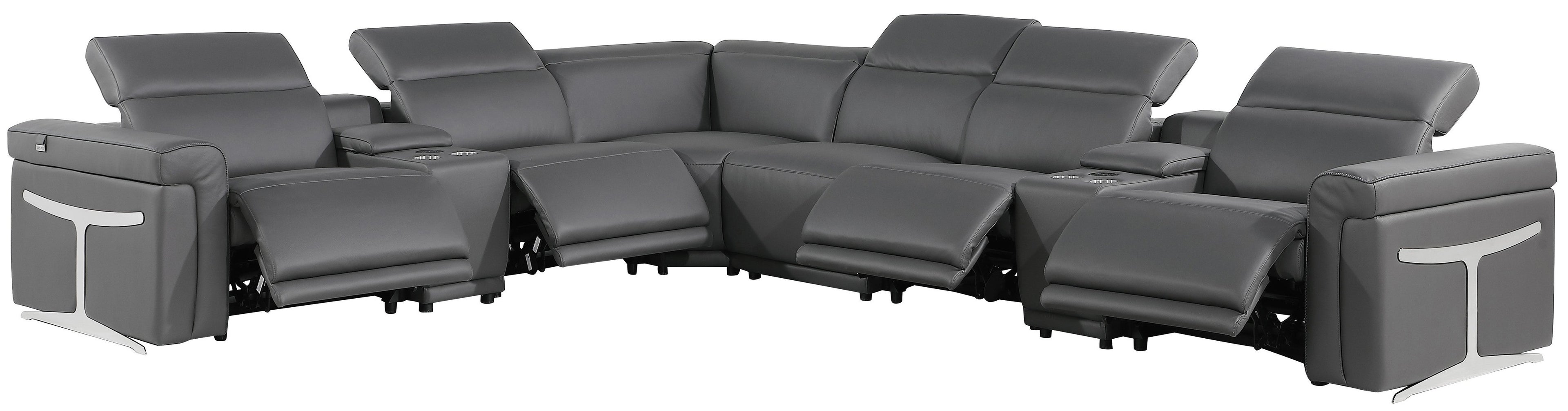 Global United 1126DK-GY-8PC 8 pc DivanItalia dark grey italian leather power reclining sectional sofa power adjustable headrests and console