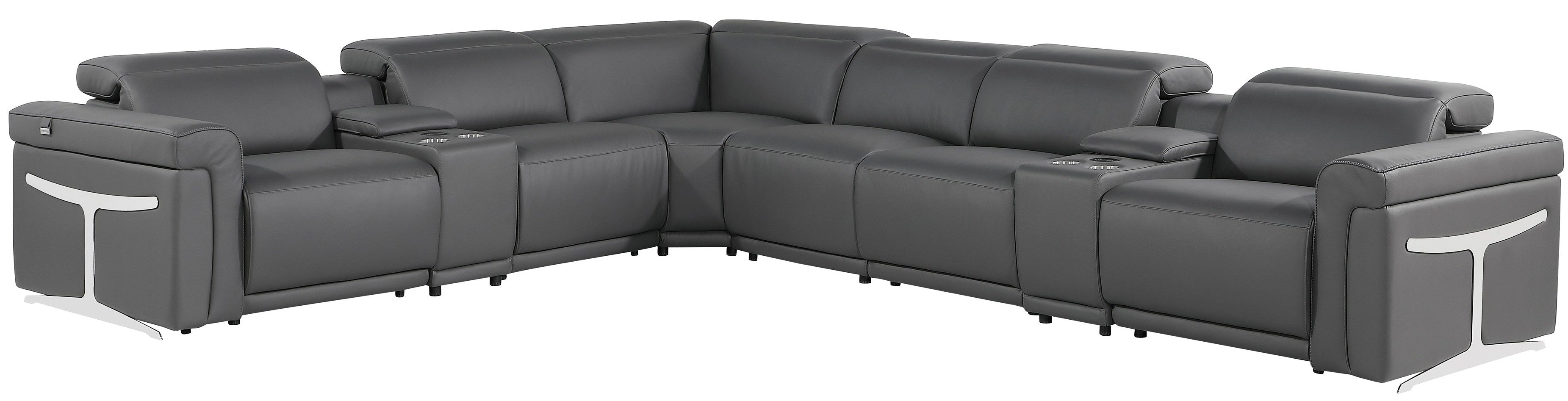 Global United 1126DK-GY-8PC 8 pc DivanItalia dark grey italian leather power reclining sectional sofa power adjustable headrests and console