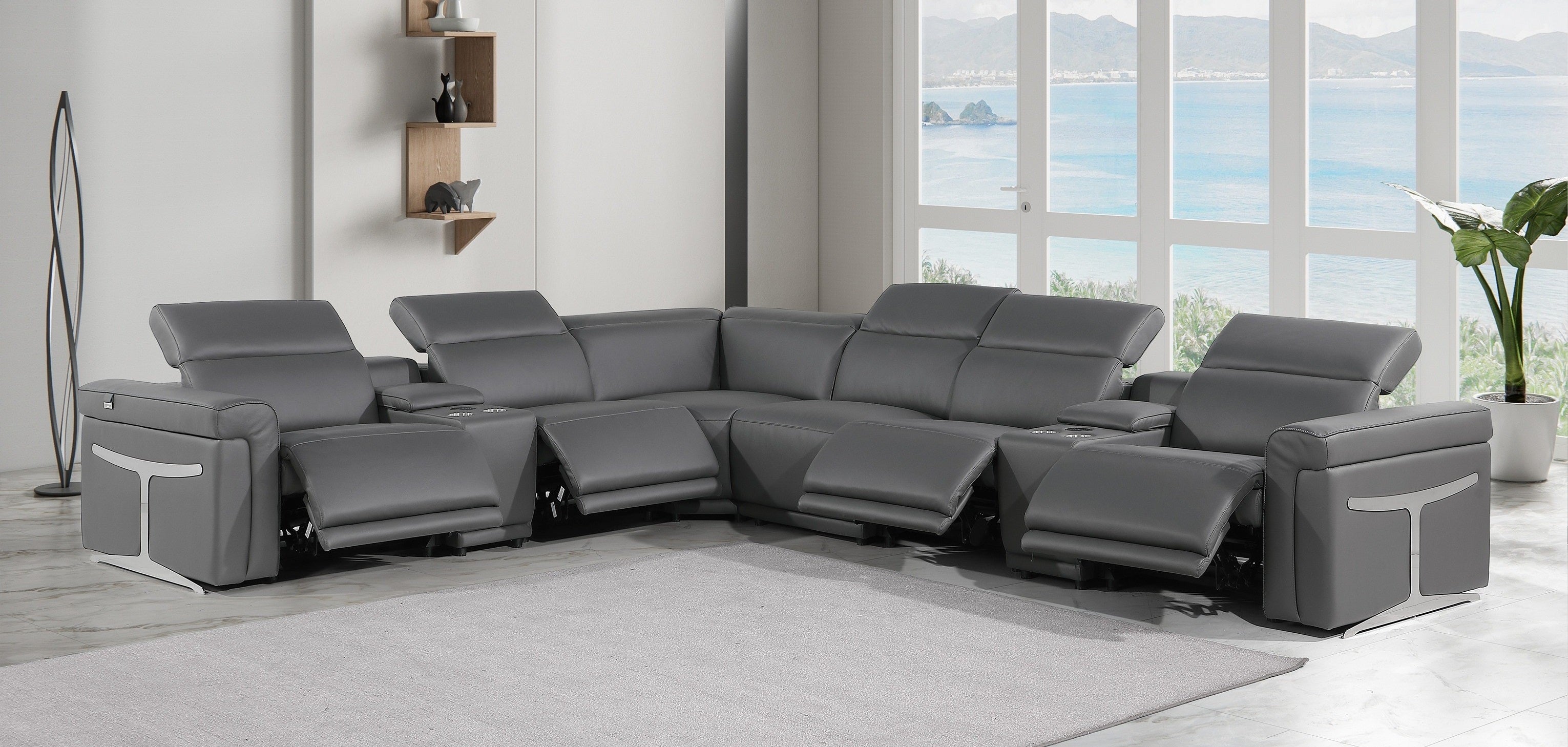 Global United 1126DK-GY-8PC 8 pc DivanItalia dark grey italian leather power reclining sectional sofa power adjustable headrests and console