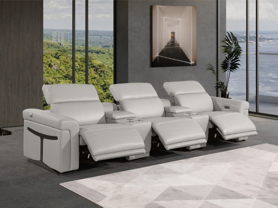 Global United DivanItalia Light Grey Italian Leather 5-Piece Power Reclining Theater Sofa with Power Adjustable Headrests – 1126LG-5PC-TH