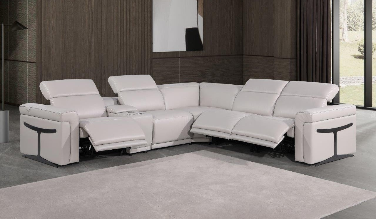 Global United 1126LT-GY-6PC 6 pc DivanItalia light grey italian leather power reclining sectional sofa power adjustable headrests and console