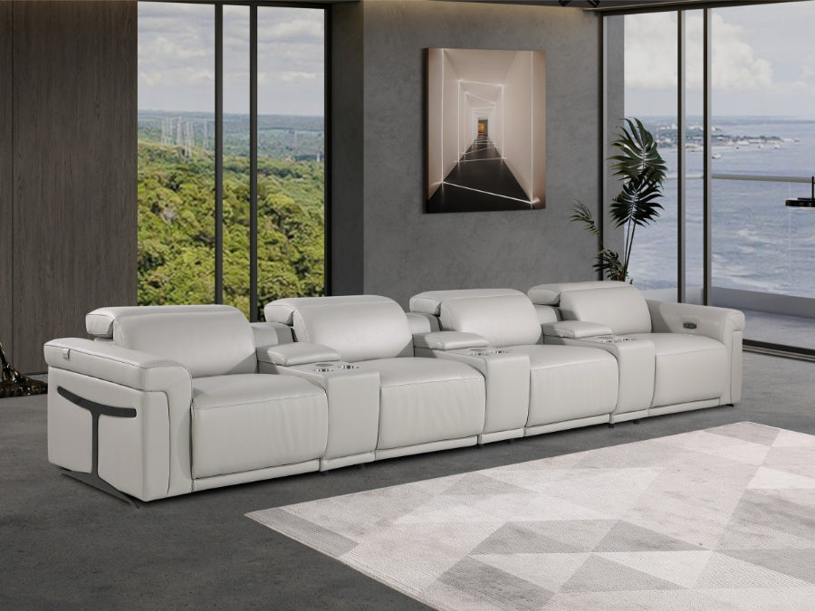 Global United 1126LG-7PC-TH 7 pc Divanitalia light grey italian leather power reclining theater sofa power adjustable headrests