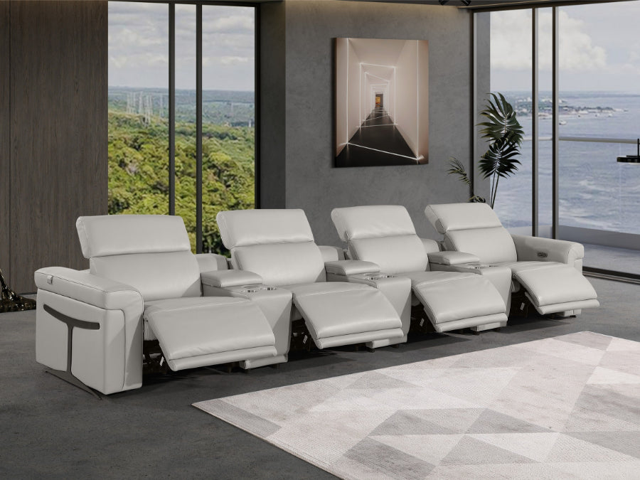 Global United 1126LG-7PC-TH 7 pc Divanitalia light grey italian leather power reclining theater sofa power adjustable headrests