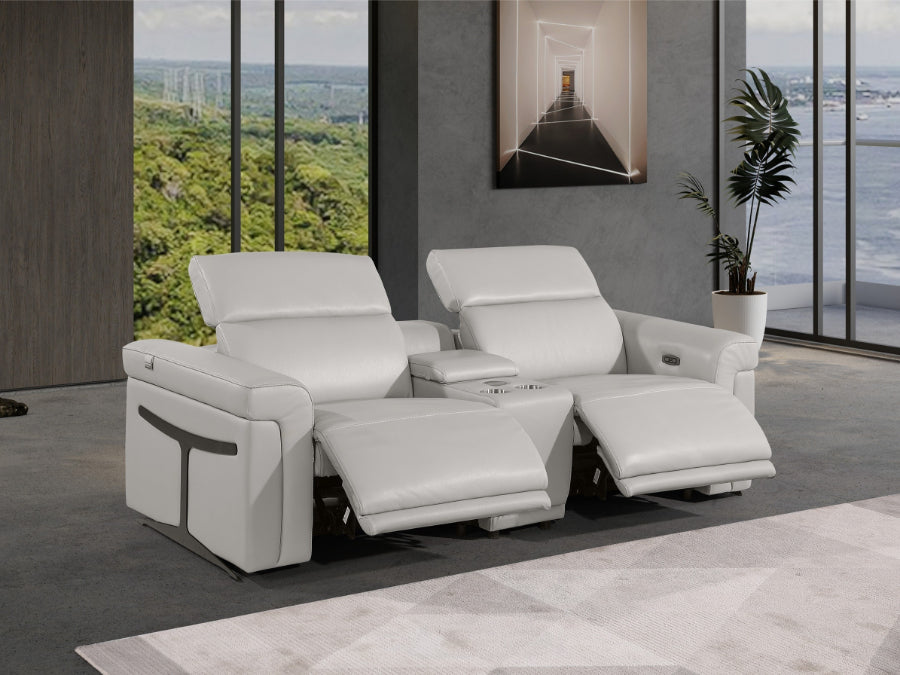 Global United 1126LG-3PC 3 pc Divanitalia light grey italian leather power reclining theater sofa power adjustable headrests