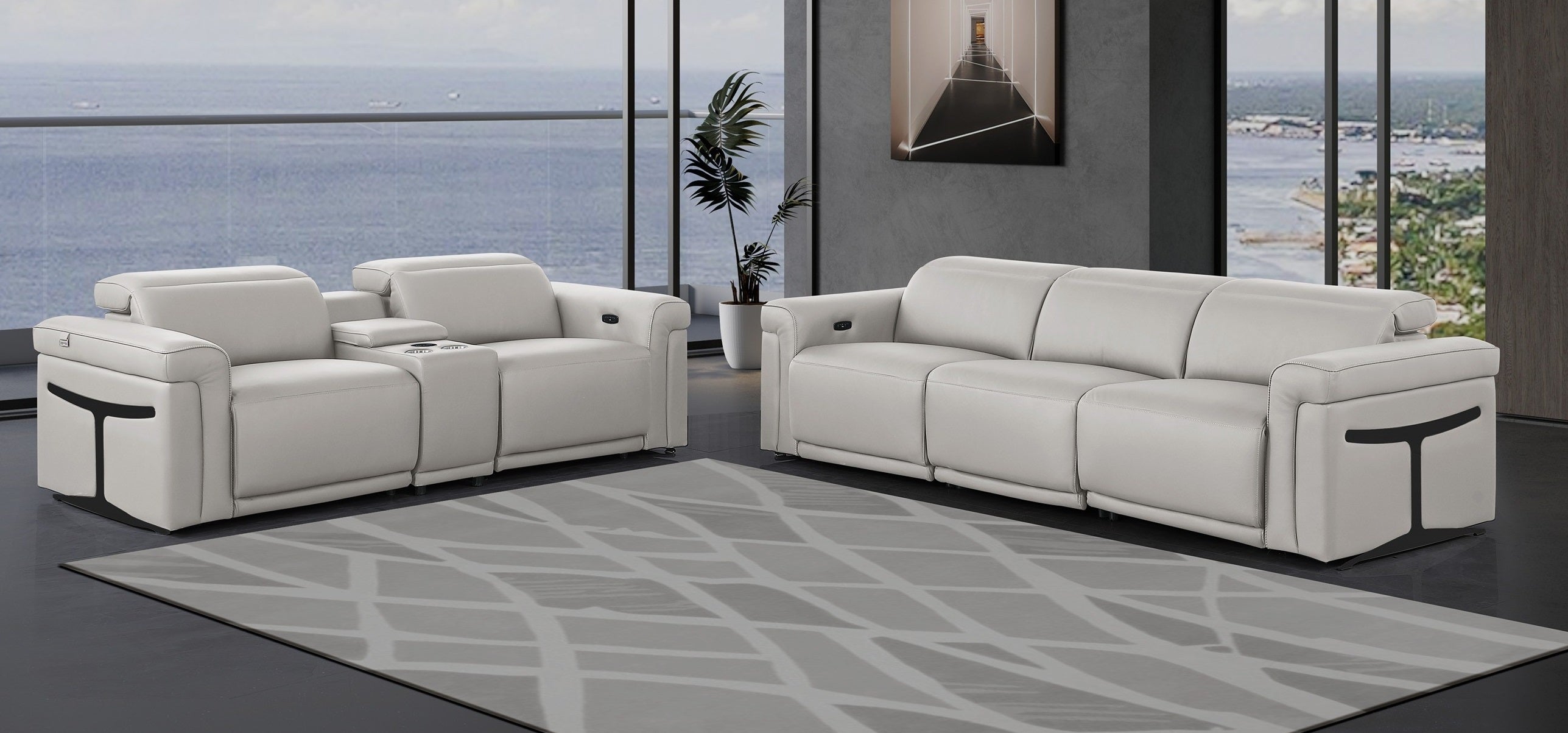Global United DivanItalia Light Grey Italian Leather 6-Piece Power Reclining Modular Sofa and Love Seat with Power Adjustable Headrests and Charging Pad – 1126LT-GY-6PC-SL