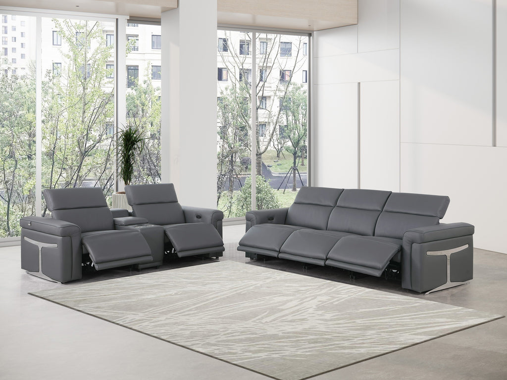 Global United 1126DK-GY-6PC-SL 6 pc DivanItalia dark grey italian leather power reclining modular sofa and love seat power adjustable headrests with charging pad
