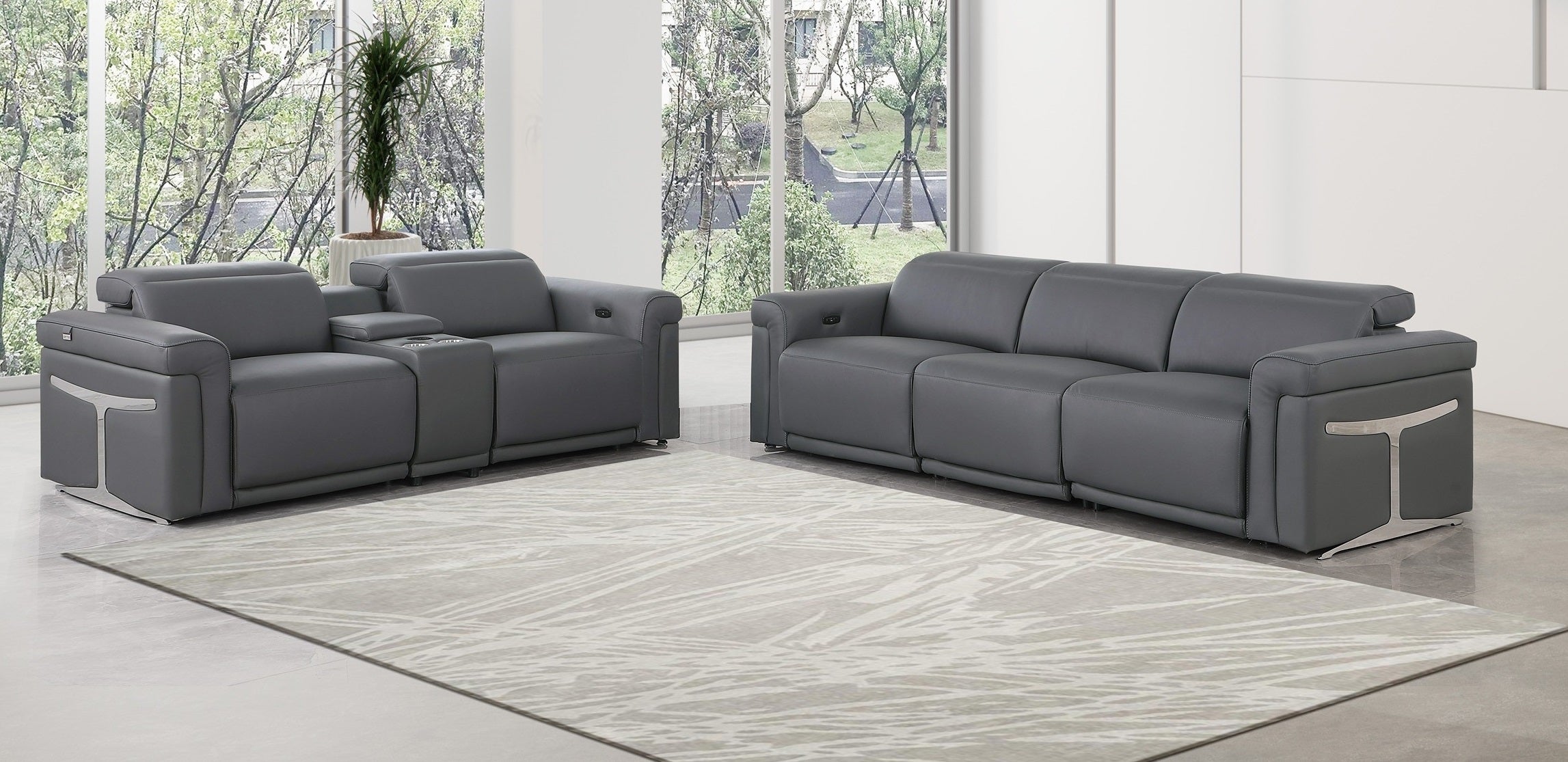 Global United 1126DK-GY-6PC-SL 6 pc DivanItalia dark grey italian leather power reclining modular sofa and love seat power adjustable headrests with charging pad