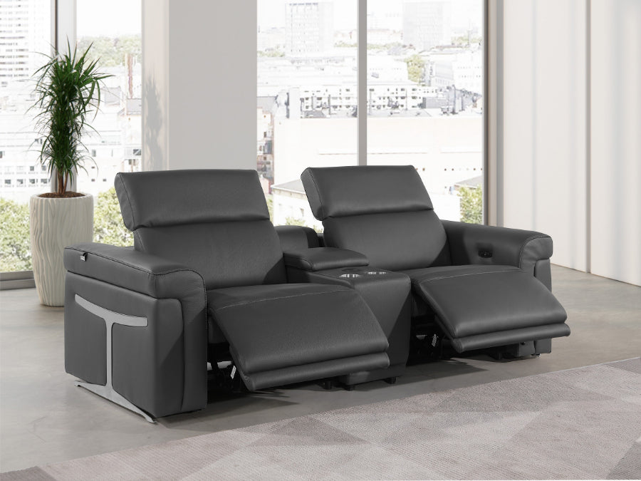 Global United 1126GY-3PC 3 pc Divanitalia grey italian leather power reclining theater sofa power adjustable headrests