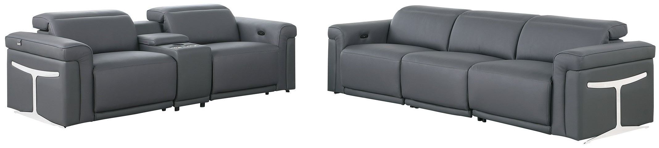Global United 1126DK-GY-6PC-SL 6 pc DivanItalia dark grey italian leather power reclining modular sofa and love seat power adjustable headrests with charging pad