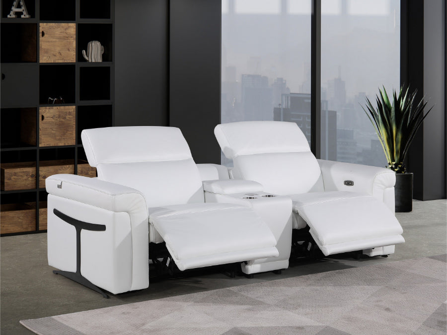 Global United DivanItalia White Italian Leather 3-Piece Power Reclining Theater Sofa with Power Adjustable Headrests – 1126WH-3PC