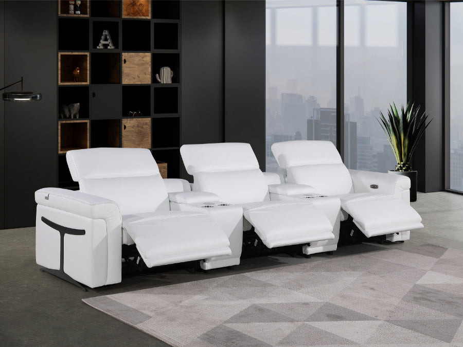 Global United DivanItalia White Italian Leather 5-Piece Power Reclining Theater Sofa with Power Adjustable Headrests – 1126WH-5PC-TH