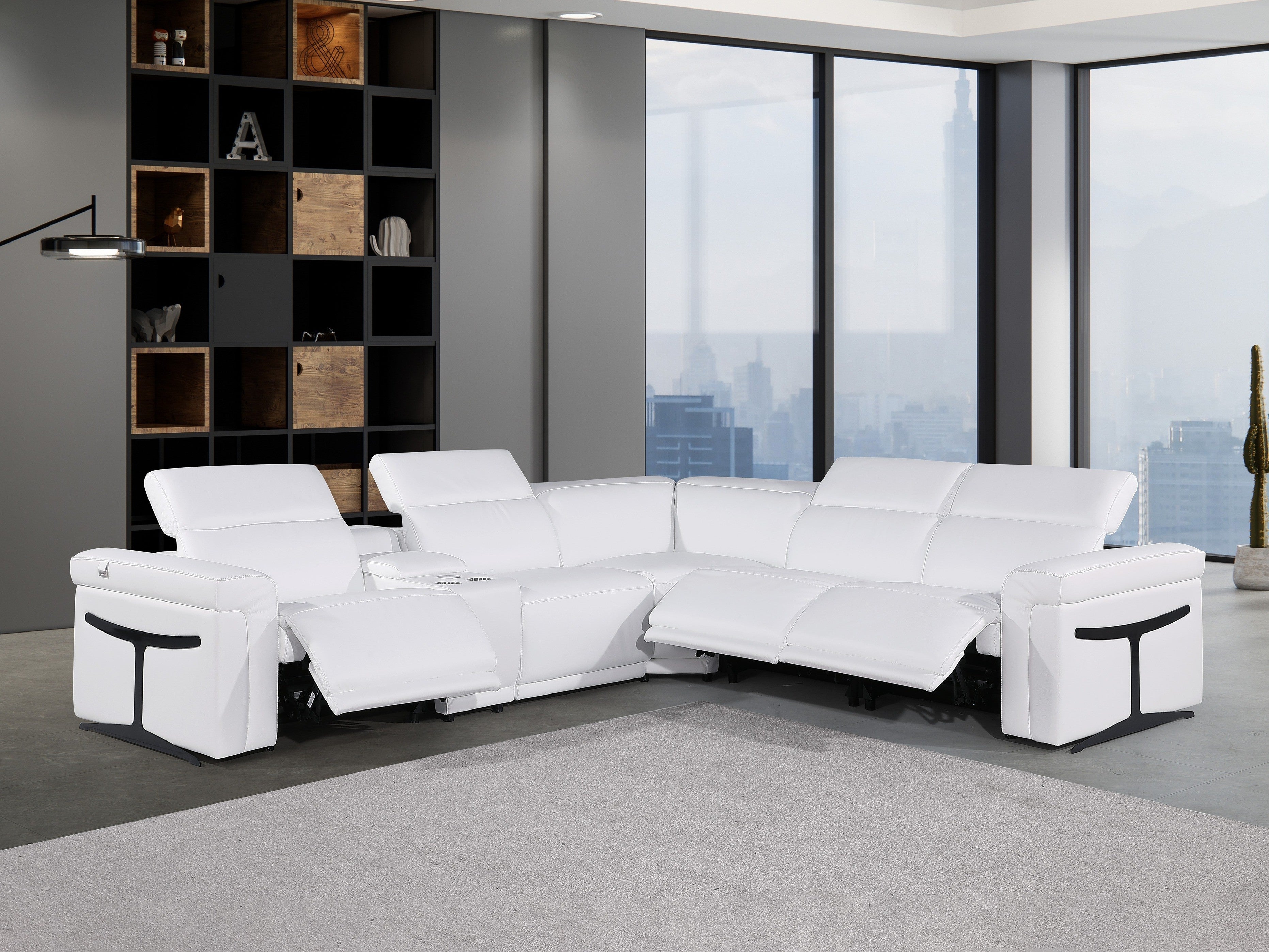 Global United 1126WH-6PC 6 pc DivanItalia white italian leather power reclining sectional sofa power adjustable headrests and console
