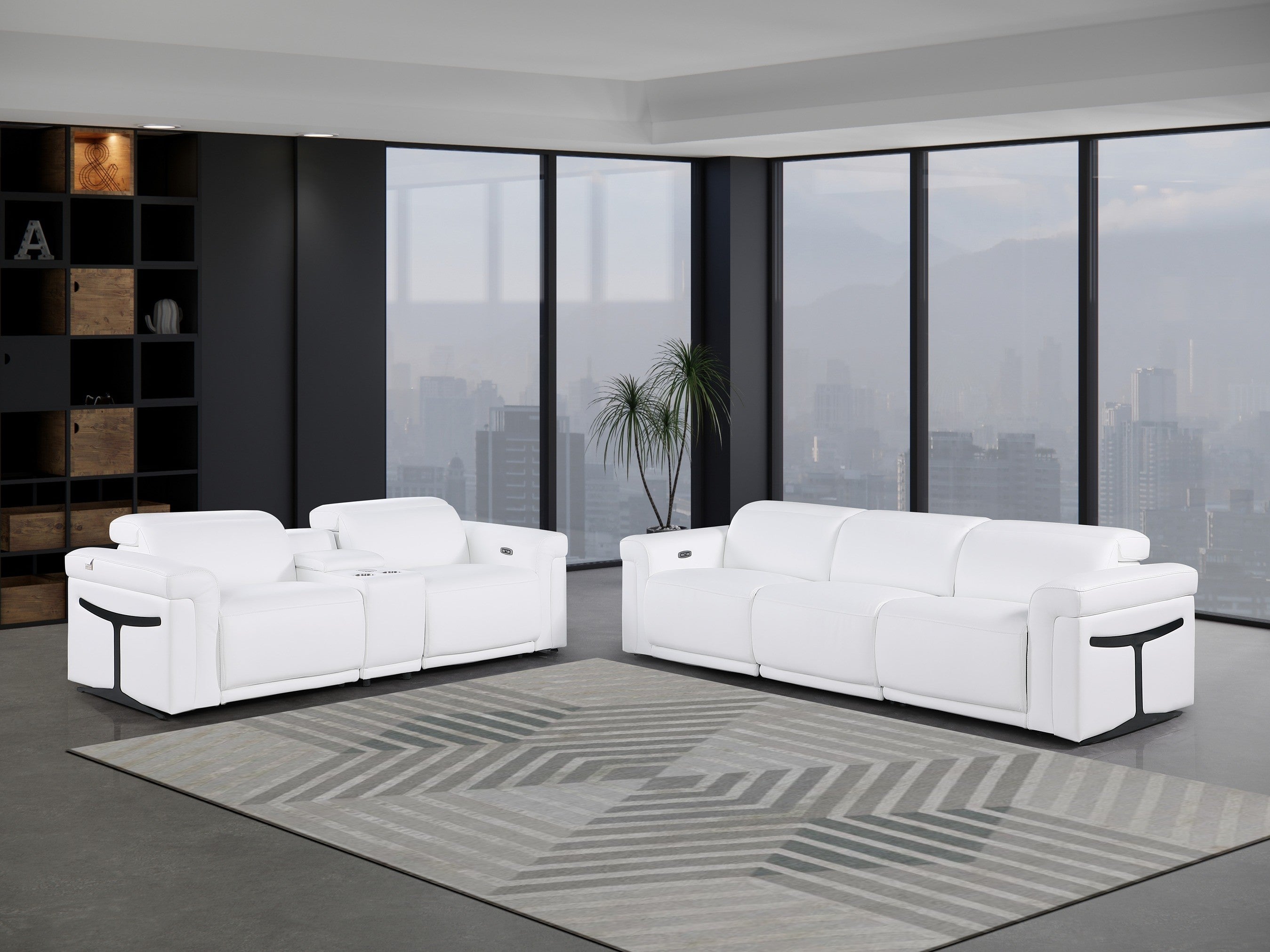 Global United 1126WH-6PC-SL 6 pc DivanItalia white italian leather power reclining modular sofa and love seat power adjustable headrests with charging pad