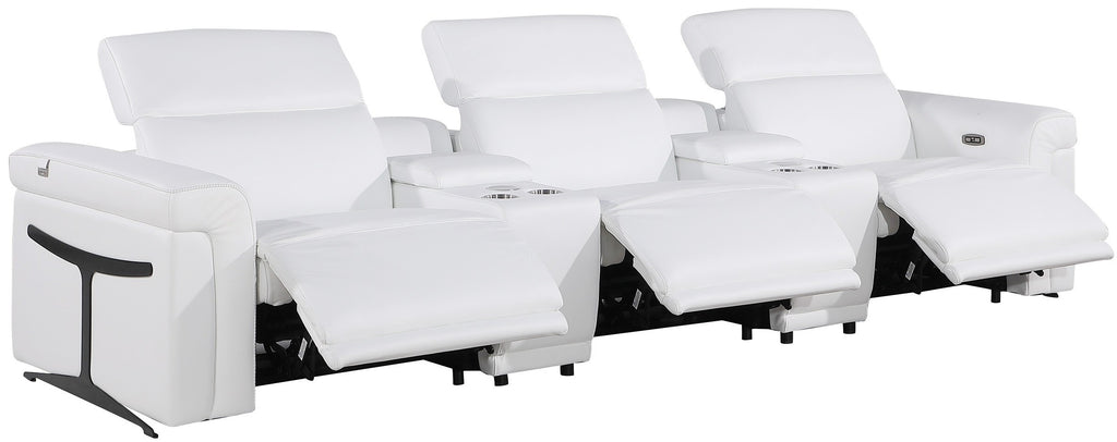 Global United DivanItalia White Italian Leather 5-Piece Power Reclining Theater Sofa with Power Adjustable Headrests – 1126WH-5PC-TH