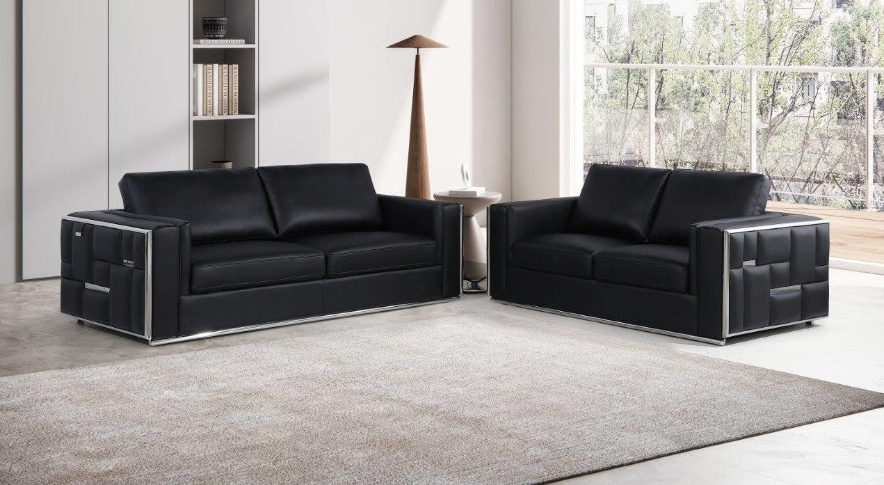 Global United DivanItalia Black Top Grain Italian Leather 2-Piece Sofa and Love Seat Set with Silver Accents – 1130-BK-2PC