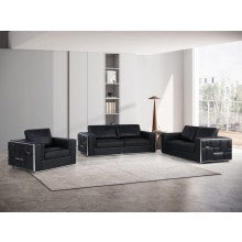 Global United DivanItalia Black Top Grain Italian Leather 2-Piece Sofa and Love Seat Set with Silver Accents – 1130-BK-2PC