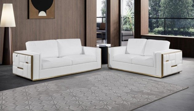 Global United 1130-WH-2PC 2 pc Divanitalia white top grain italian leather sofa and love seat set with gold accents