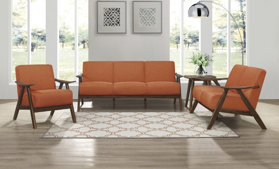 Homelegance 1138RN-3PC 3 pc Damala mid century modern orange linen like fabric sofa, love seat and chair set