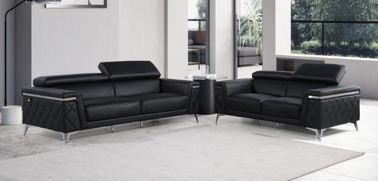 Global United DivanItalia Black Top Grain Italian Leather 2-Piece Sofa and Love Seat Set with Diamond Stitching and Chrome Legs – 1140-BK-2PC
