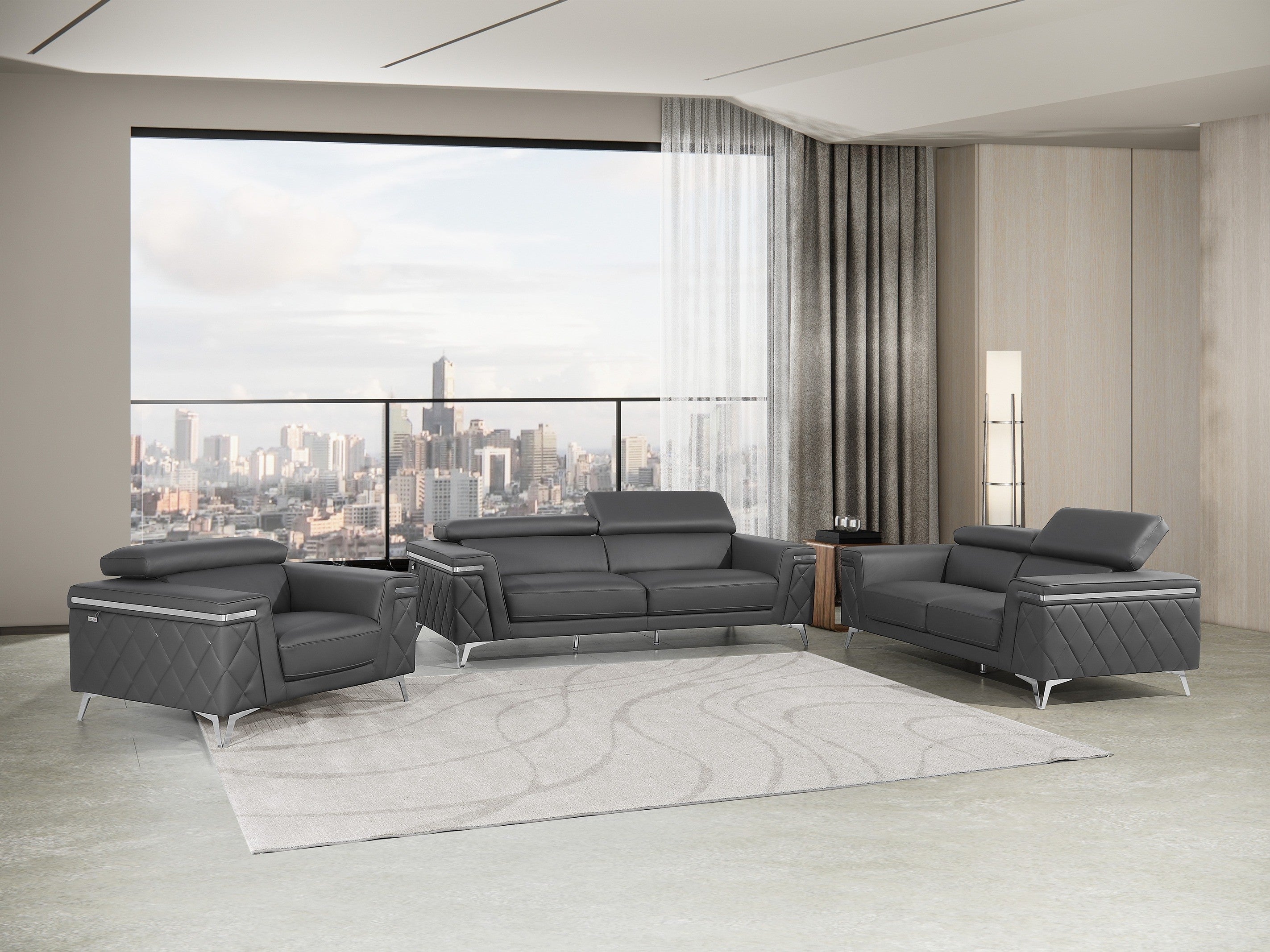 Global United DivanItalia Dark Grey Top Grain Italian Leather 2-Piece Sofa and Love Seat Set with Diamond Stitching and Chrome Legs – 1140-DK-2PC