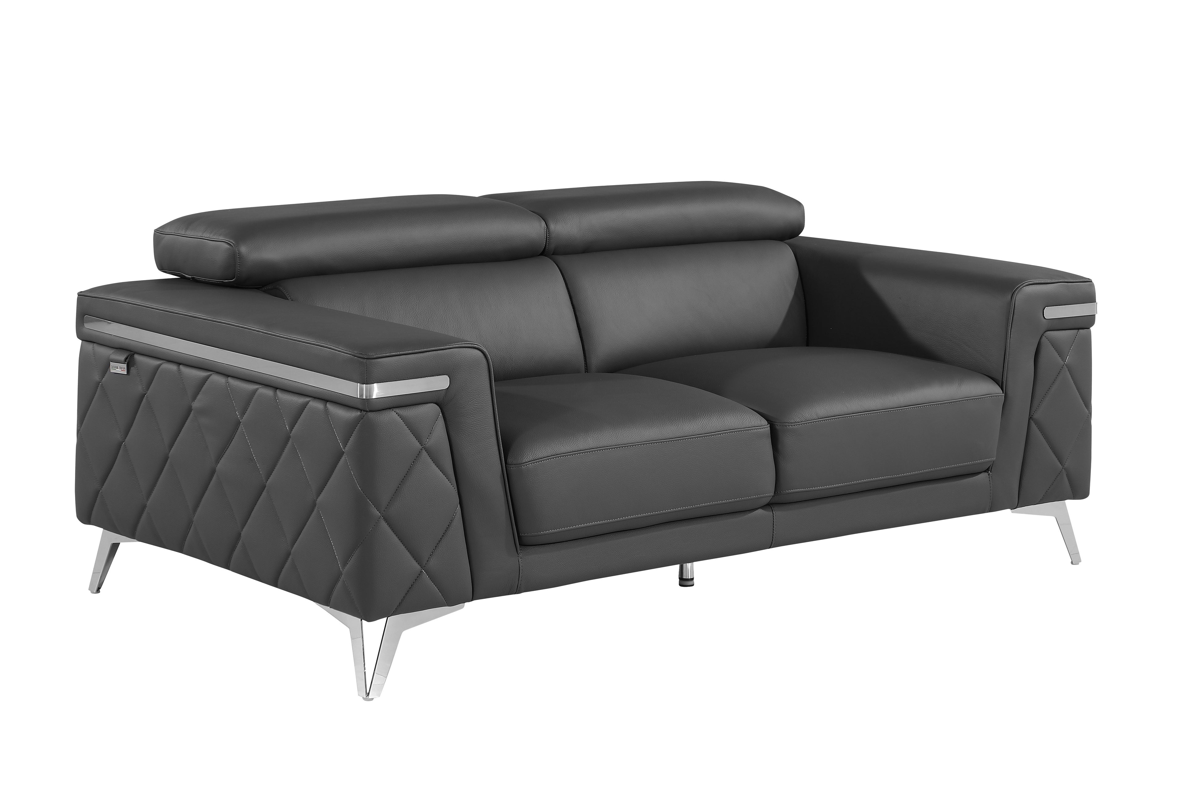 Global United DivanItalia Dark Grey Top Grain Italian Leather 2-Piece Sofa and Love Seat Set with Diamond Stitching and Chrome Legs – 1140-DK-2PC