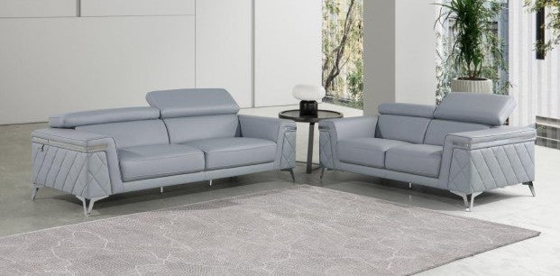 Global United 1140-LT-2PC 2 pc Divanitalia light blue top grain italian leather sofa and love seat set with diamond stitching and chrome legs