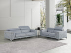 Global United 1140-LT-2PC 2 pc Divanitalia light blue top grain italian leather sofa and love seat set with diamond stitching and chrome legs