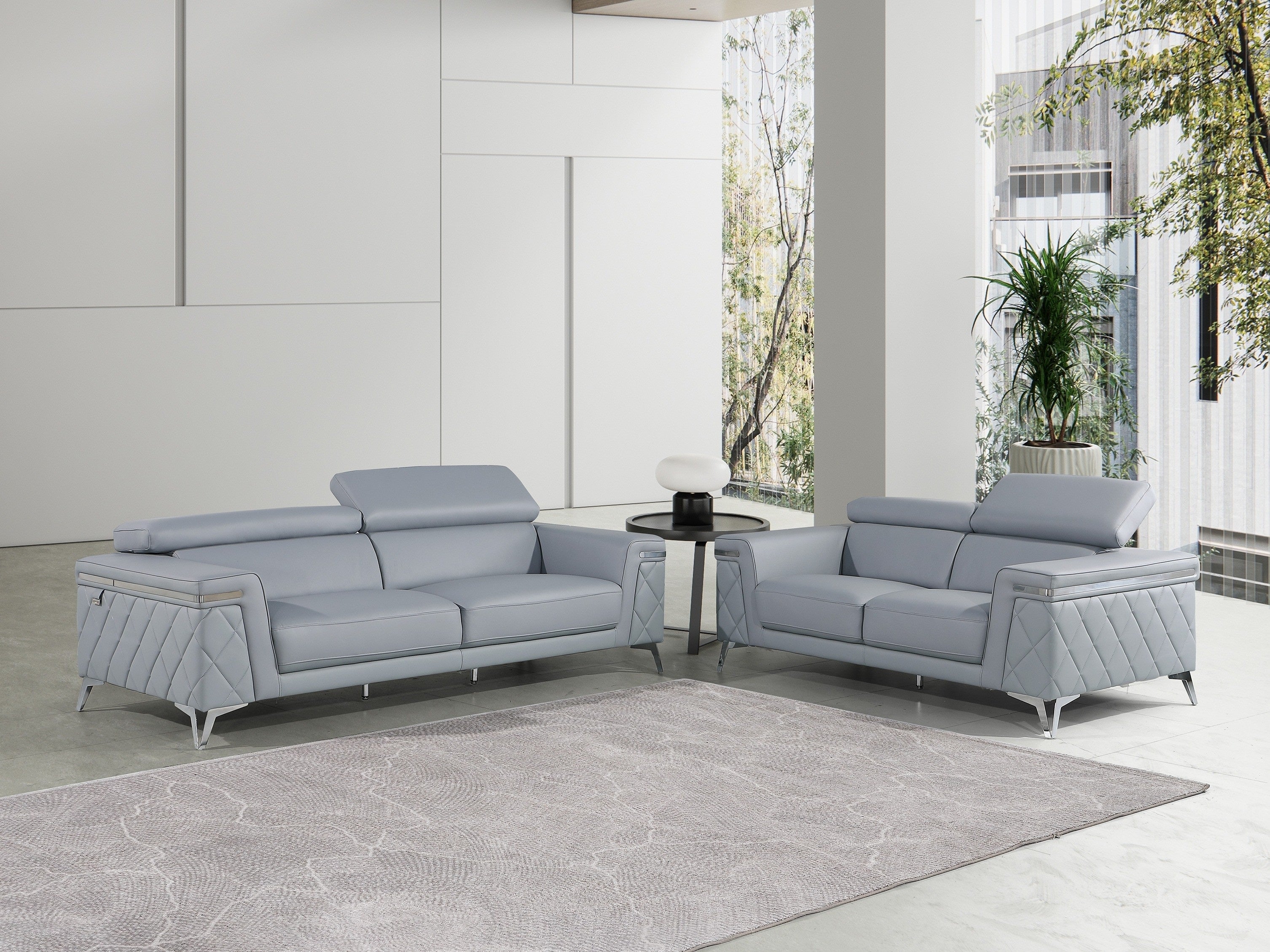 Global United 1140-LT-2PC 2 pc Divanitalia light blue top grain italian leather sofa and love seat set with diamond stitching and chrome legs