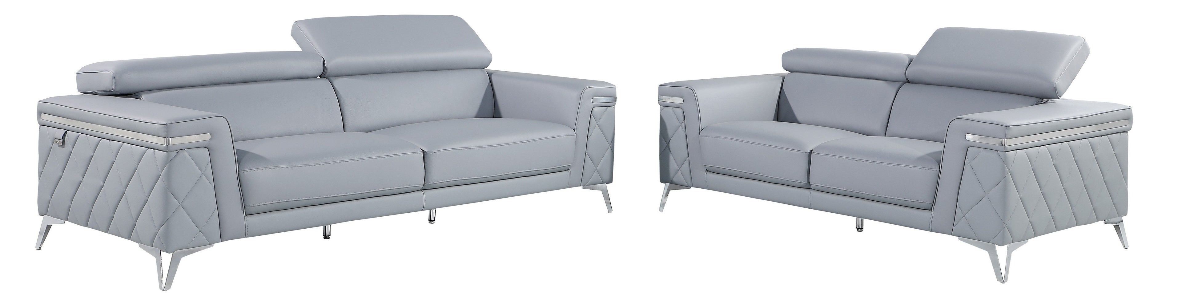 Global United 1140-LT-2PC 2 pc Divanitalia light blue top grain italian leather sofa and love seat set with diamond stitching and chrome legs