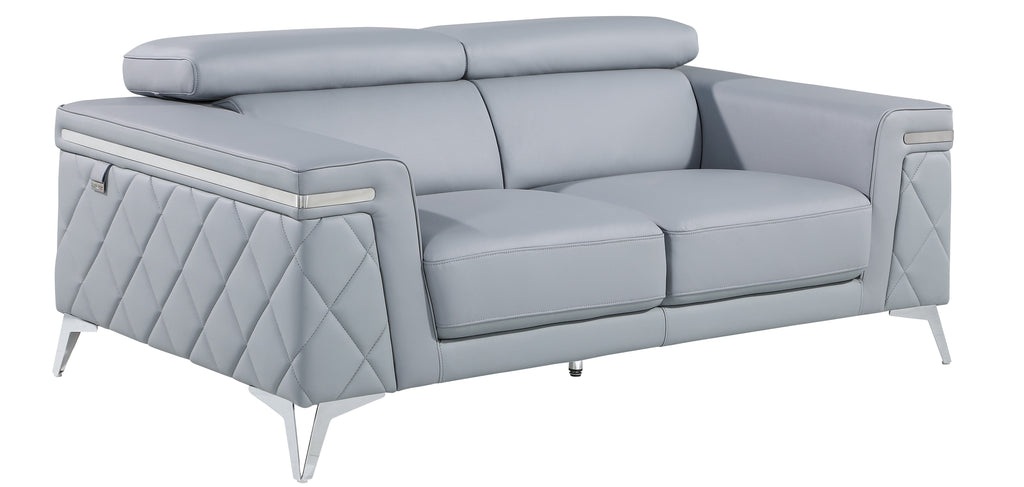 Global United 1140-LT-2PC 2 pc Divanitalia light blue top grain italian leather sofa and love seat set with diamond stitching and chrome legs