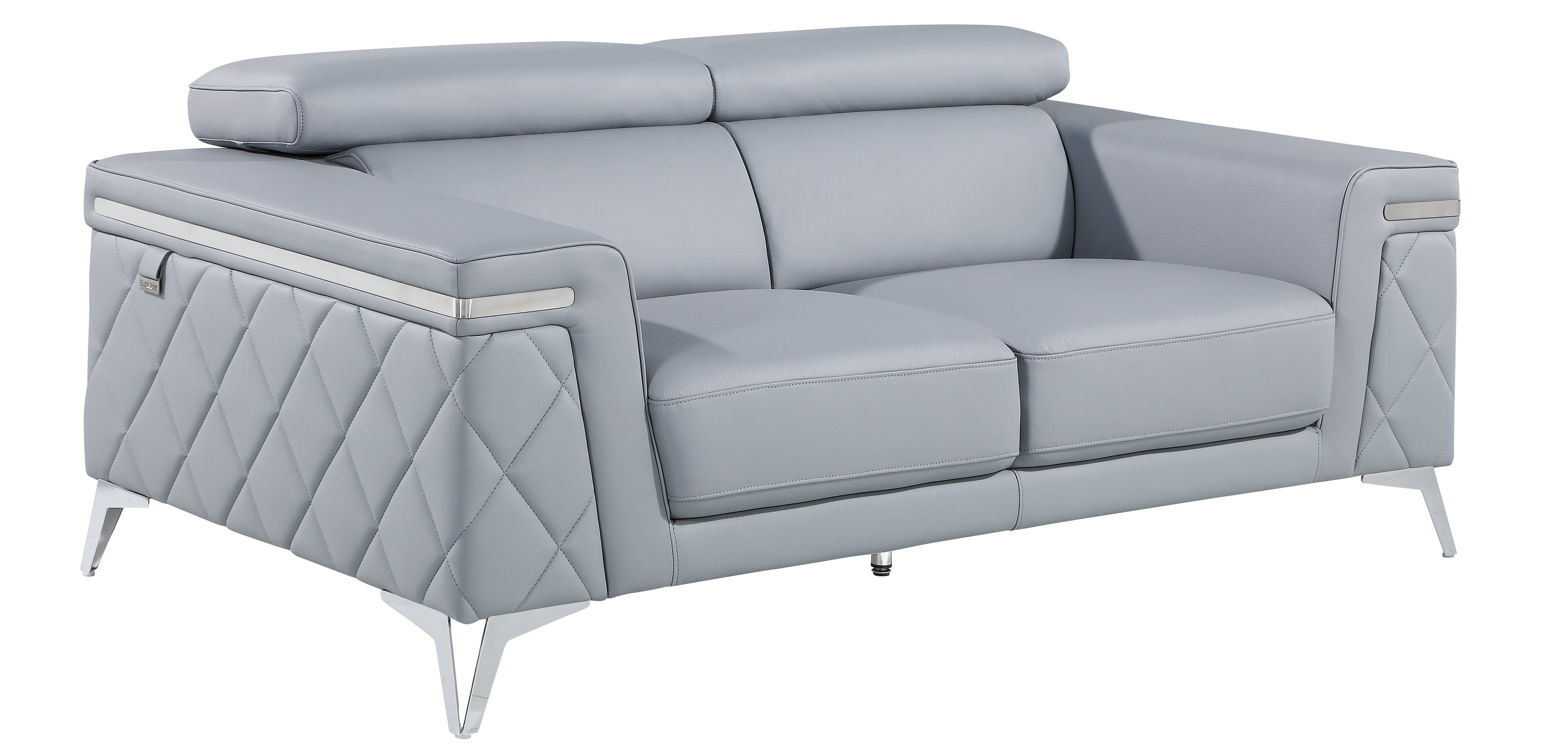 Global United 1140-LT-2PC 2 pc Divanitalia light blue top grain italian leather sofa and love seat set with diamond stitching and chrome legs