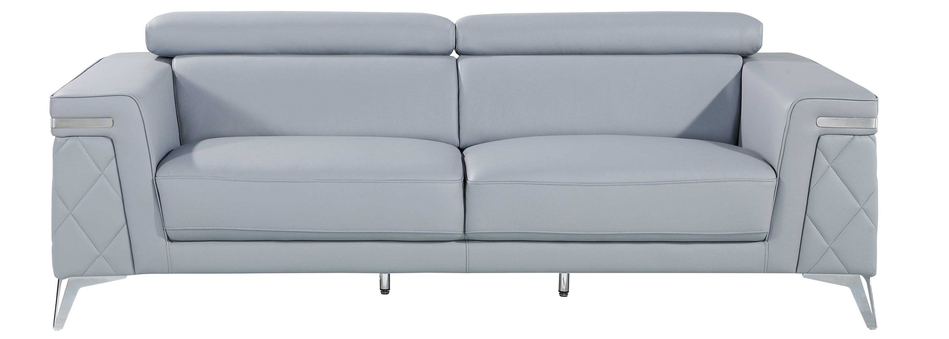 Global United 1140-LT-2PC 2 pc Divanitalia light blue top grain italian leather sofa and love seat set with diamond stitching and chrome legs