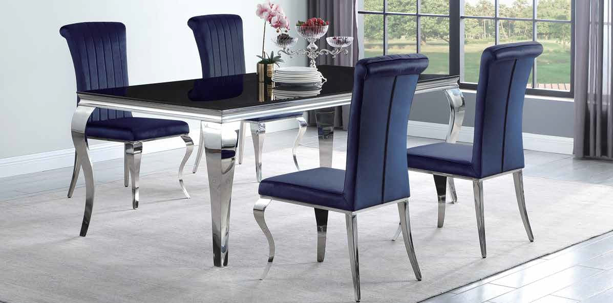 Coaster 115071 5 pc Rosdorf park Carone chrome metal base dining table set with black glass top velvet chairs