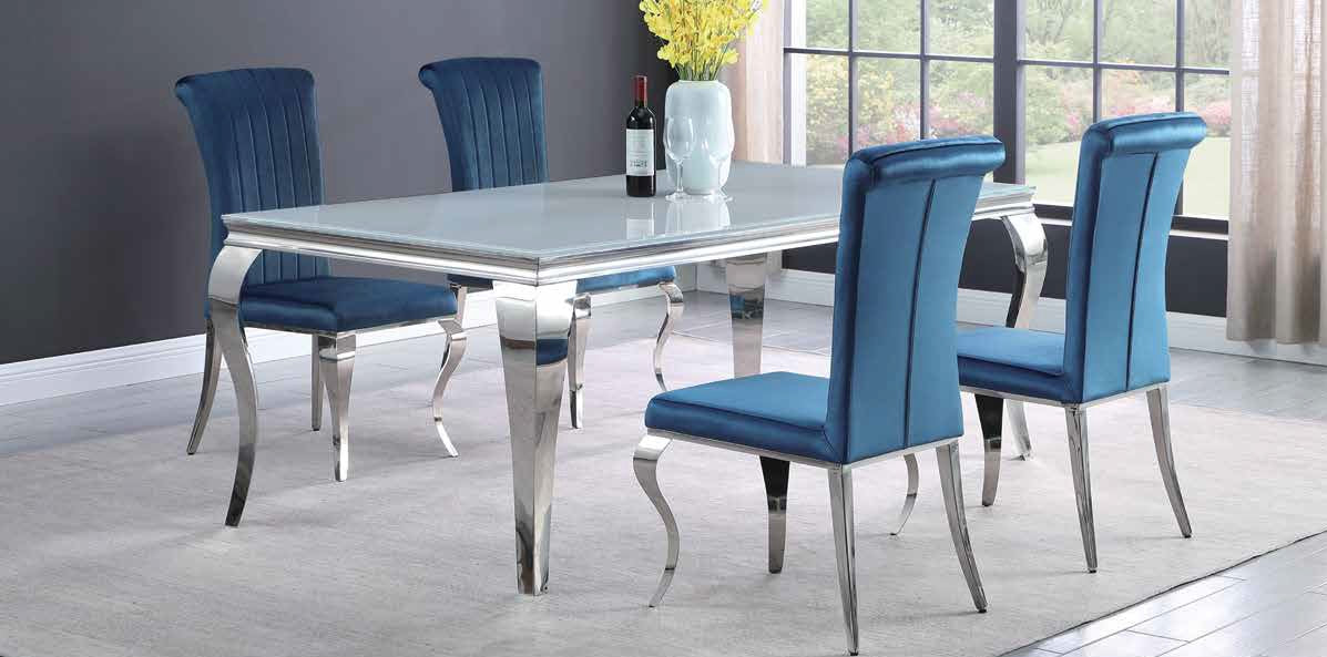 Coaster 115081 5 pc Rosdorf park Carone chrome metal base dining table set with white glass top velvet chairs